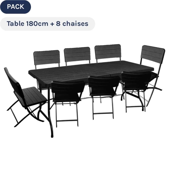 Pack TABLE RECTANGULAIRE pliante 1,80m + 8 CHAISES pliantes en HDPE noir décor Bois