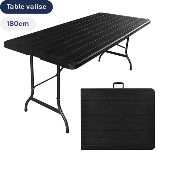 Table de réception NOIRE imitation BOIS rectangulaire de 180cm pliante en VALISE en HDPE