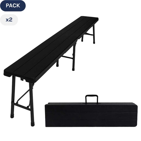 Pack de 2 bancs de réception NOIRS imitation bois de 180cm pliants en valise en HDPE