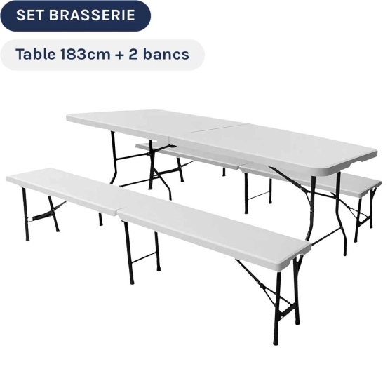 table + 2 bancs pliants blancs ou gris