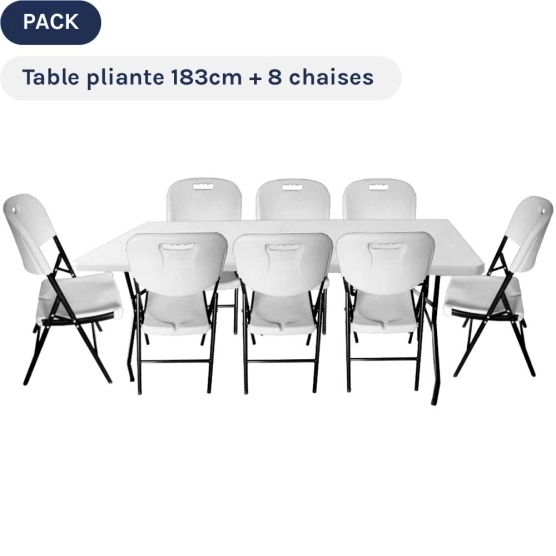 Ensemble table et 8 chaises pliantes en blanc ou en gris