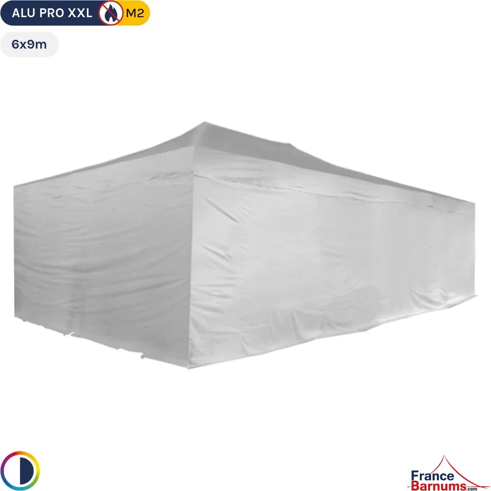 Tente Pliante 6mx9m 54m² Blanc Alu Pro Structure Ø55mm et Pack Fenêtres 380g/m² Norme M2