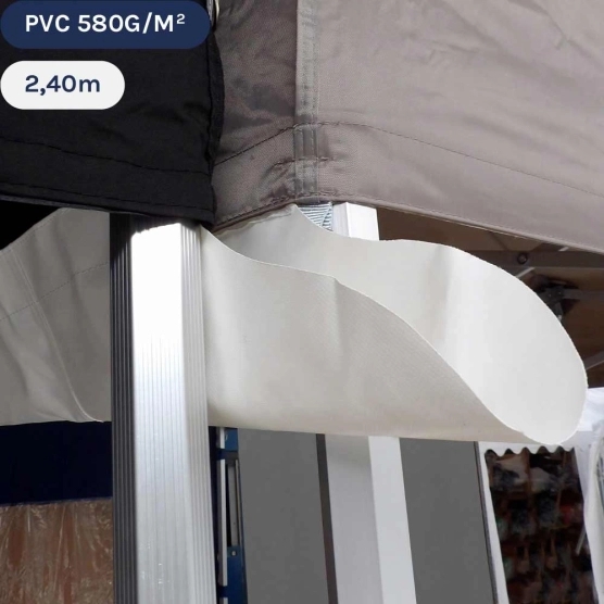 Gouttière en PVC 580gr/m² de 2,40m pour tente pliante à fixer par bandes de velcro sur les bandeaux de la bâche de toit