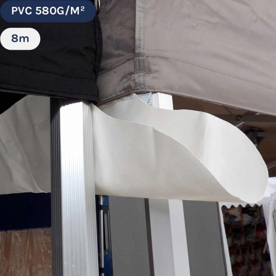 Gouttière en PVC 580gr/m² de 8m pour tente pliante à fixer par bandes de velcro sur les bandeaux de la bâche de toit