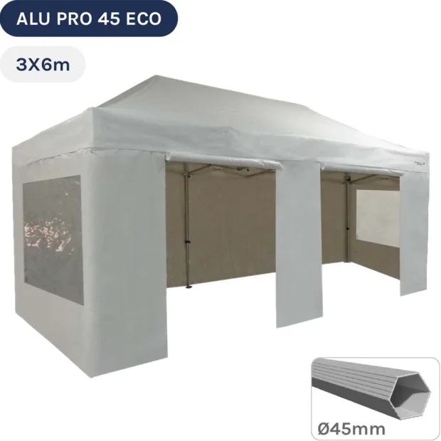 Barnum pliant - Tente pliante Alu Pro 45 ECO 3mx6m BLANC avec Pack Fenêtres