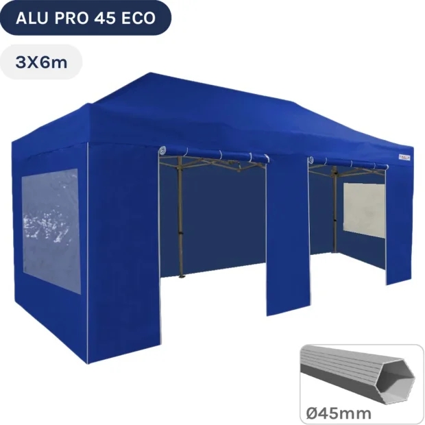 Barnum pliant -Tente pliante Alu Pro 45 ECO 3mx6m BLEU avec Pack Fenêtres