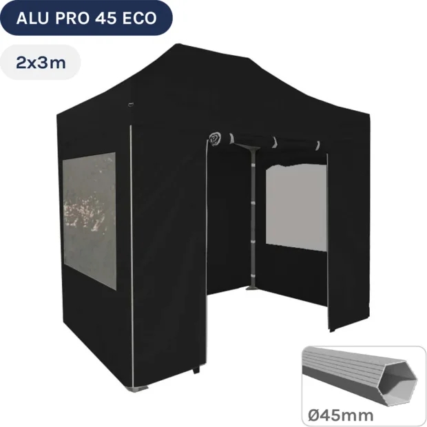 Barnum pliant - Tente pliante Alu Pro 45 ECO 2mx3m NOIR avec Pack Fenêtres