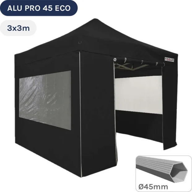 Barnum pliant - Tente pliante Alu Pro 45 ECO 3mx3m NOIR avec Pack Fenêtres