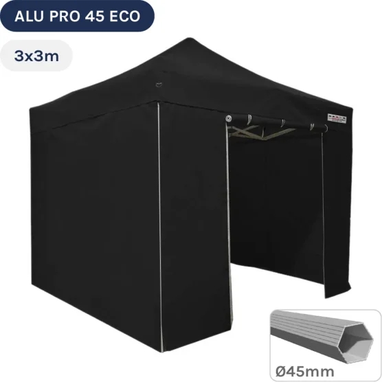 Barnum pliant - Tente pliante Alu Pro 45 ECO 3mx3m NOIR avec Pack 4 Côtés