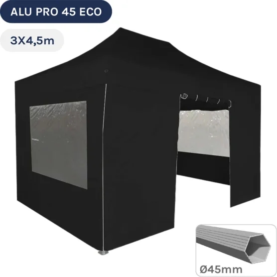 Barnum pliant - Tente pliante Alu Pro 45 ECO 3mx4,5m NOIR avec Pack Fenêtres