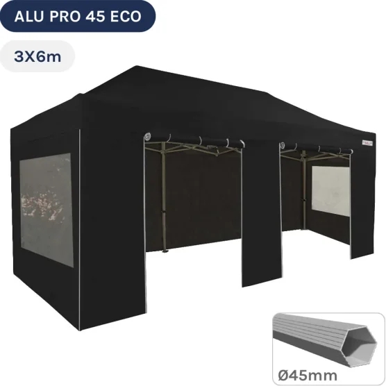 Barnum pliant - Tente pliante Alu Pro 45 ECO 3mx6m NOIR avec Pack Fenêtres