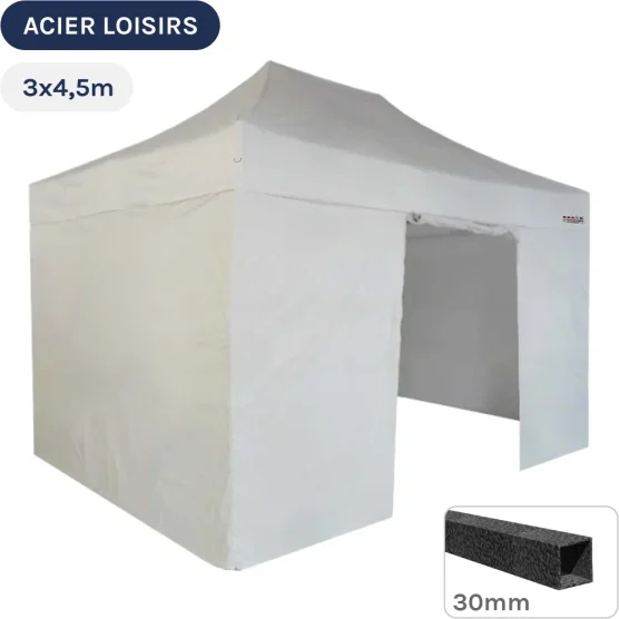 Barnum pliant - Abri pliable Acier Loisirs 3mx4,5m BLANC avec Pack 4 Côtés