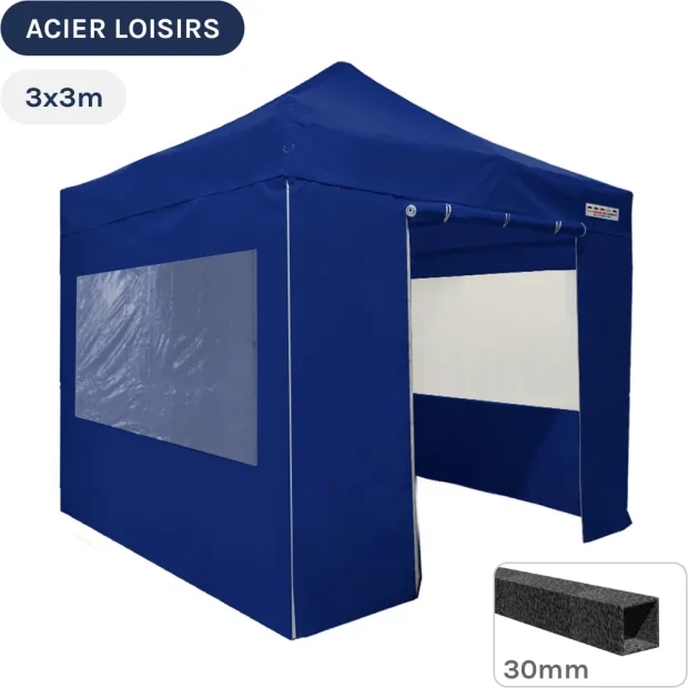 Barnum pliant - Abri pliable Acier Loisirs 3mx3m BLEU avec Pack Fenêtres