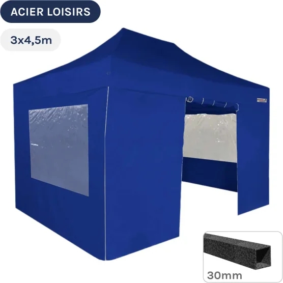 Barnum pliant - Abri pliable Acier Loisirs 3mx4,5m BLEU avec Pack Fenêtres