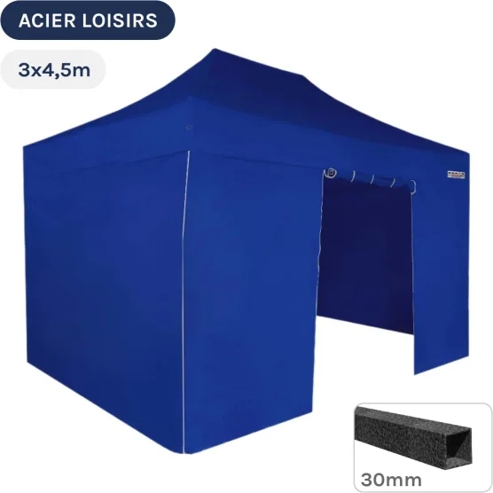 Barnum pliant - Abri pliable Acier Loisirs 3mx4,5m BLEU avec Pack 4 Côtés