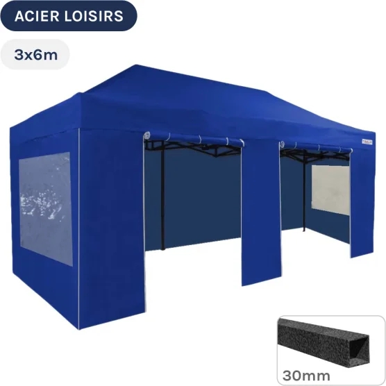 Barnum pliant - Abri pliable Acier Loisirs 3mx6m BLEU avec Pack Fenêtres