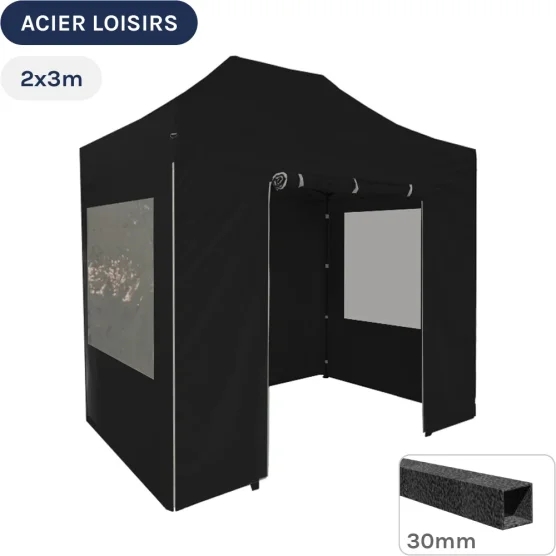 Barnum pliant - Abri pliable Acier Loisirs 2mx3m NOIR avec Pack Fenêtres