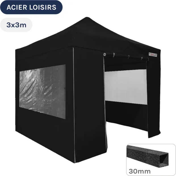 Barnum pliant - Abri pliable Acier Loisirs 3mx3m NOIR avec Pack Fenêtres