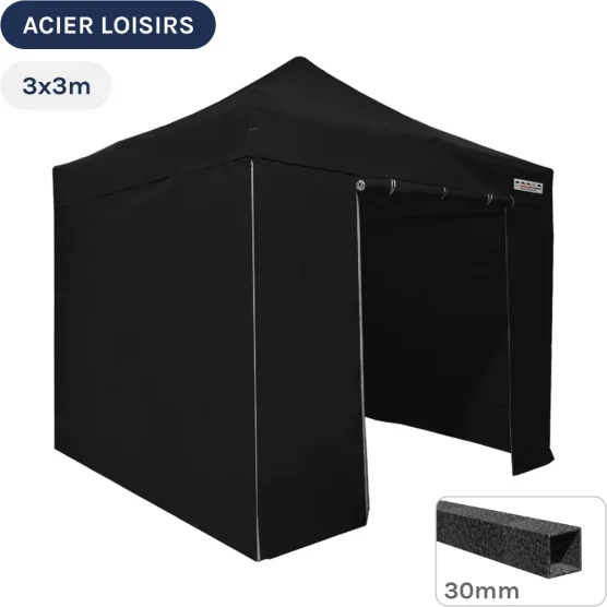 Barnum pliant - Abri pliable Acier Loisirs 3mx3m NOIR avec Pack 4 Côté