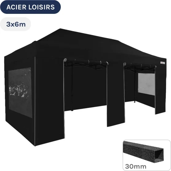 Barnum pliant - Abri pliable Acier Loisirs 3mx6m NOIR avec Pack Fenêtres