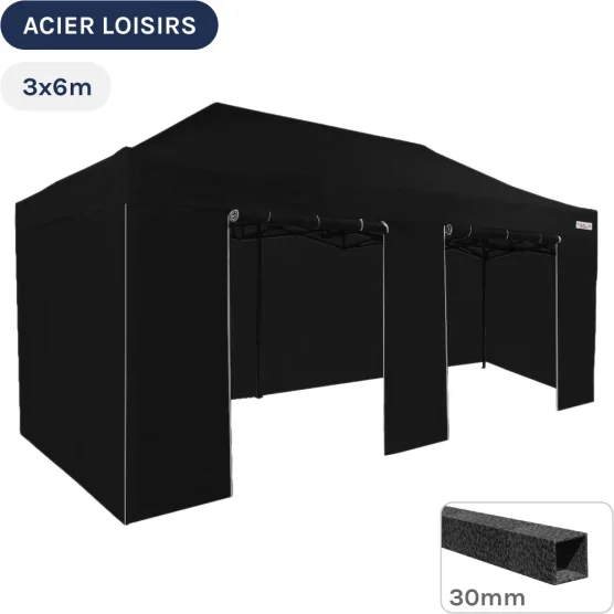 Barnum pliant - Abri pliable Acier Loisirs 3mx6m NOIR avec Pack Côtés