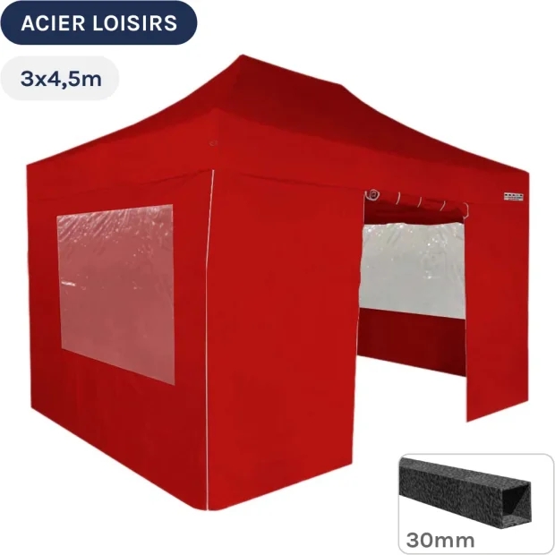 Barnum pliant - Abri pliable Acier Loisirs 3mx4,5m ROUGE avec Pack Fenêtres