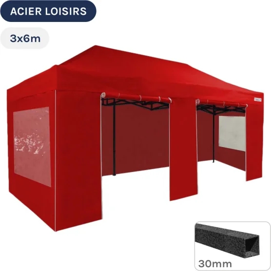 Barnum pliant - Abri pliable Acier Loisirs 3mx6m ROUGE avec Pack Fenêtres