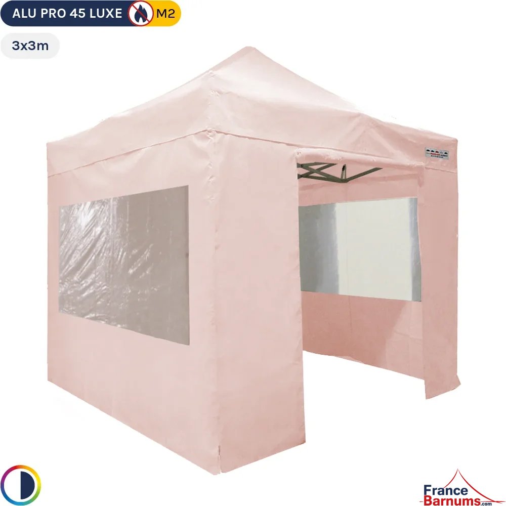 Tente pliante rose poudré pro en alu 3x3m + Pack 4 murs avec 2 fenêtres ignifugé M2