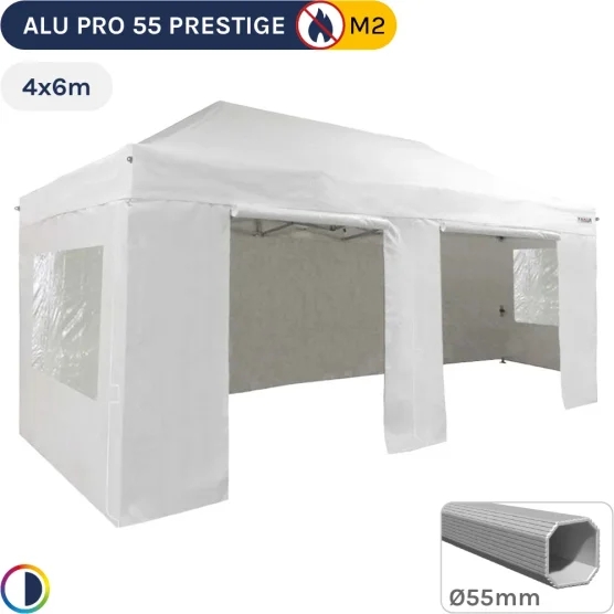 Barnum pliant Alu Pro 55 PRESTIGE M2 4mx6m BLANC (4 pieds) + Pack Côtés - PVC 580g/m²