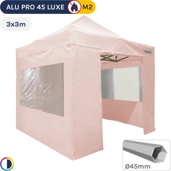 Barnum pliant rose poudré pro en alu 3x3m + Pack 4 murs avec 2 fenêtres ignifugé M2