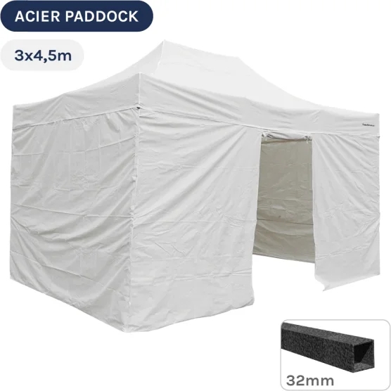 Barnum Pliant - Tente Acier Paddock 3mx4,5m BLANC avec porte - Pack 4 cloisons