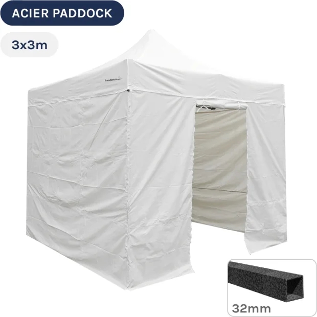 Barnum Pliant - Tente Acier Paddock 3mx3m BLANC avec porte - Pack 4 cloisons