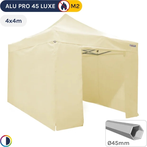 Barnum pliant - Tente pliante Alu Pro 45 LUXE M2 4mx4m BEIGE + Pack Côtés 380gr/m²