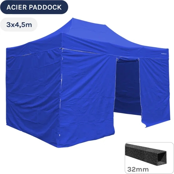 Barnum Pliant - Tente Acier Paddock 3mx4,5m BLEU avec porte - Pack 4 cloisons