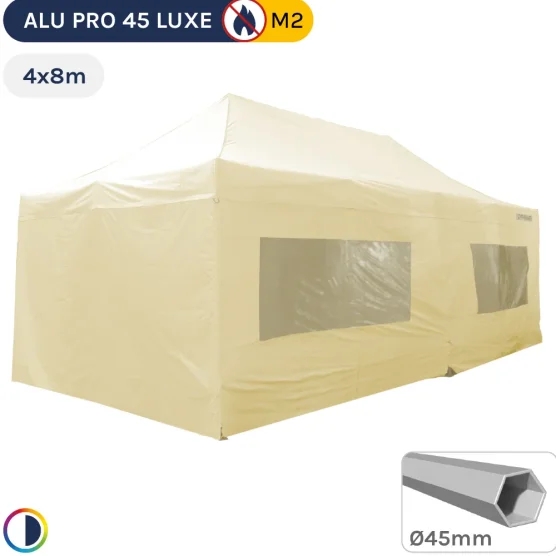 Barnum pliant - Stand pliant Alu Pro 45 LUXE M2 4mx8m BEIGE + Pack Fenêtres 380gr/m²