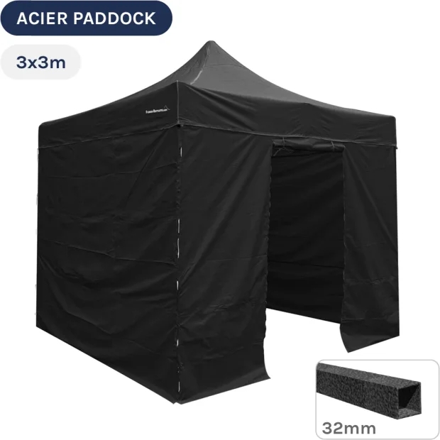 Barnum Pliant - Tente Acier Paddock 3mx3m NOIR avec porte - Pack 4 cloisons