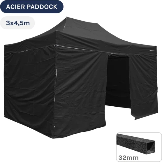 Barnum Pliant - Tente Acier Paddock 3mx4,5m NOIR avec porte - Pack 4 cloisons