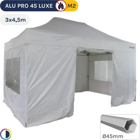 Barnum pliant - Stand pliant Alu Pro 45 LUXE M2 3mx4,5m BLANC + Pack Fenêtres 380gr/m²