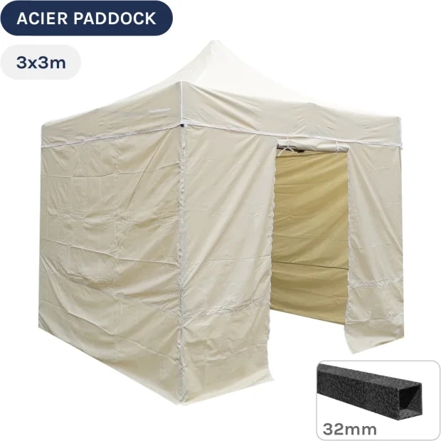 Barnum Pliant - Tente Acier Paddock 3mx3m BEIGE avec porte - Pack 4 cloisons