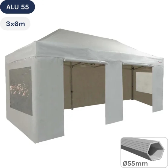 Tente Pliante Alu 55 3mx6m BLANC en Polyester avec Pack Fenêtres