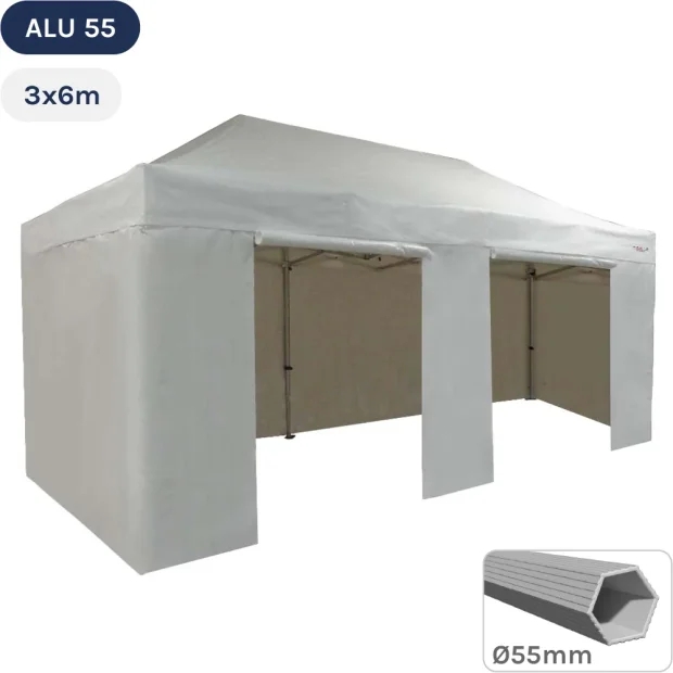 Tente Pliante Alu 55 3mx6m BLANC en Polyester avec Pack Côtés