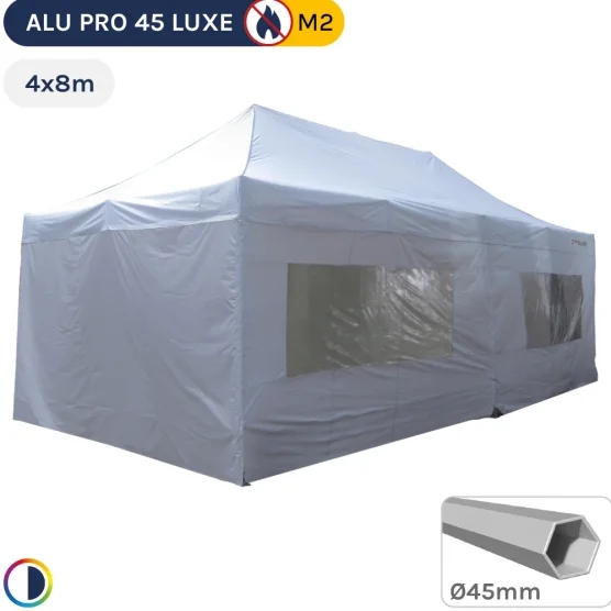 Barnum pliant - Stand pliant Alu Pro 45 LUXE M2 4mx8m BLANC + Pack Fenêtres 380gr/m²