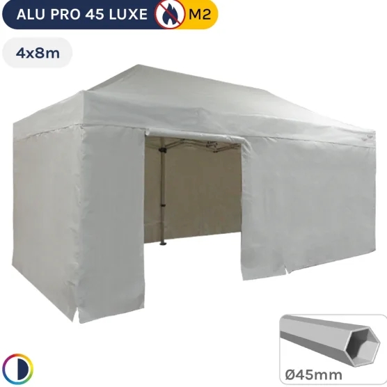 Barnum pliant - Stand pliant Alu Pro 45 LUXE M2 4mx8m BLANC + Pack Côtés 380gr/m²