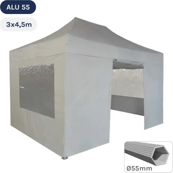 Tente Pliante Alu 55 3mx4,5m BLANC en Polyester avec Pack Fenêtres