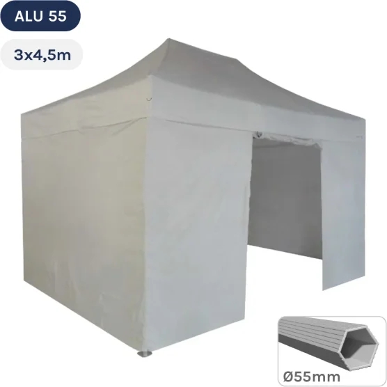 Tente Pliante Alu 55 3mx4,5m BLANC en Polyester avec Pack Côtés