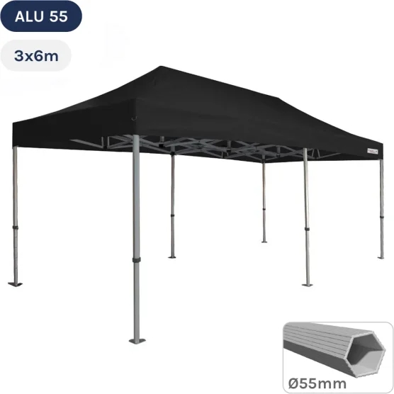 Tente Pliante Alu 55 3mx6m NOIR avec Bâche de Toit en Polyester 320gr/m²