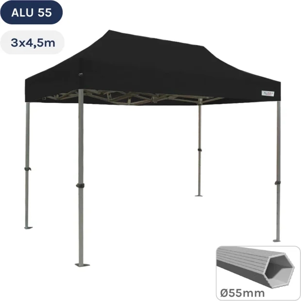 Tente Pliante Alu 55 3mx4,5m NOIR avec Bâche de Toit en Polyester 320gr/m²