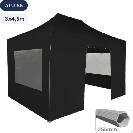 Tente Pliante Alu 55 3mx4,5m NOIR en Polyester avec Pack Fenêtres