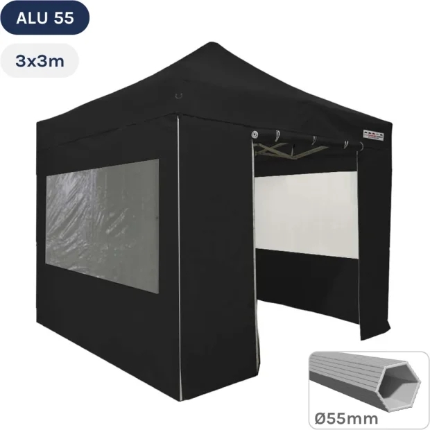 Tente pliante Alu 55 3mx3m NOIR + Toit 320gr/m² et Fenêtres 300gr/m²