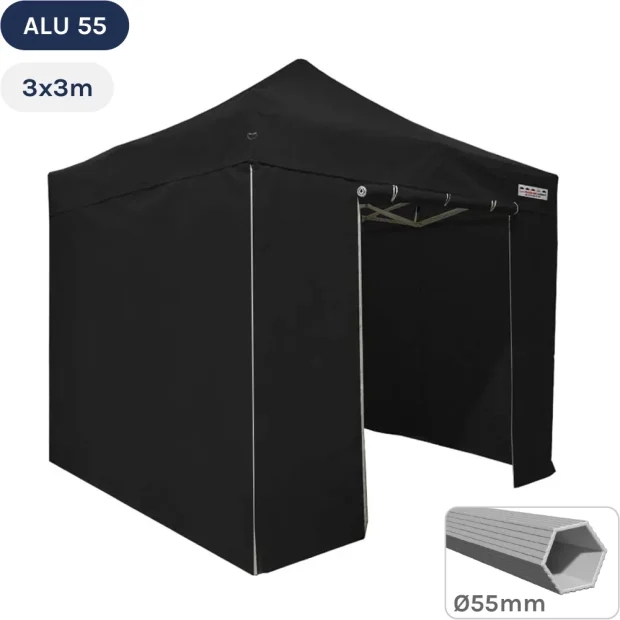 Tente pliante Alu 55 3mx3m NOIR + Toit 320gr/m² et Côtés 300gr/m²